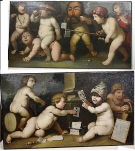 Coppia di dipinti del '700 - Putti che giocano con giochi dell'epoca - olio su tela